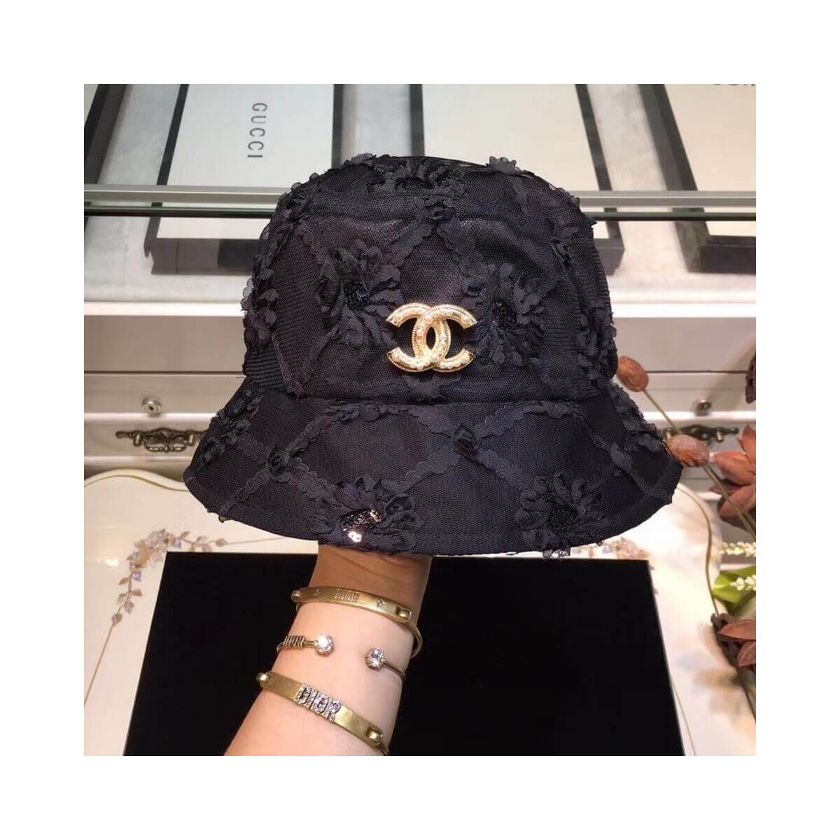 Chanel Flower and Lace Fedora Hat D011