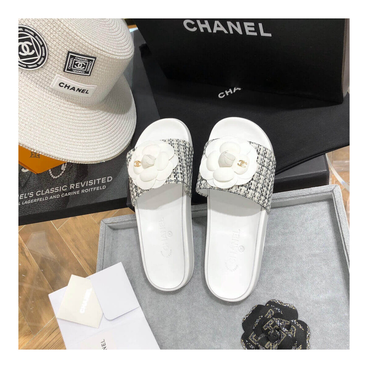 Chanel Camellia Iconic Tweed Flower Mules G14022