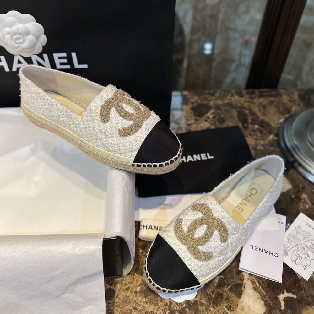 Chanel Cotton Tweed Logo Espadrille G39028 Light Yellow