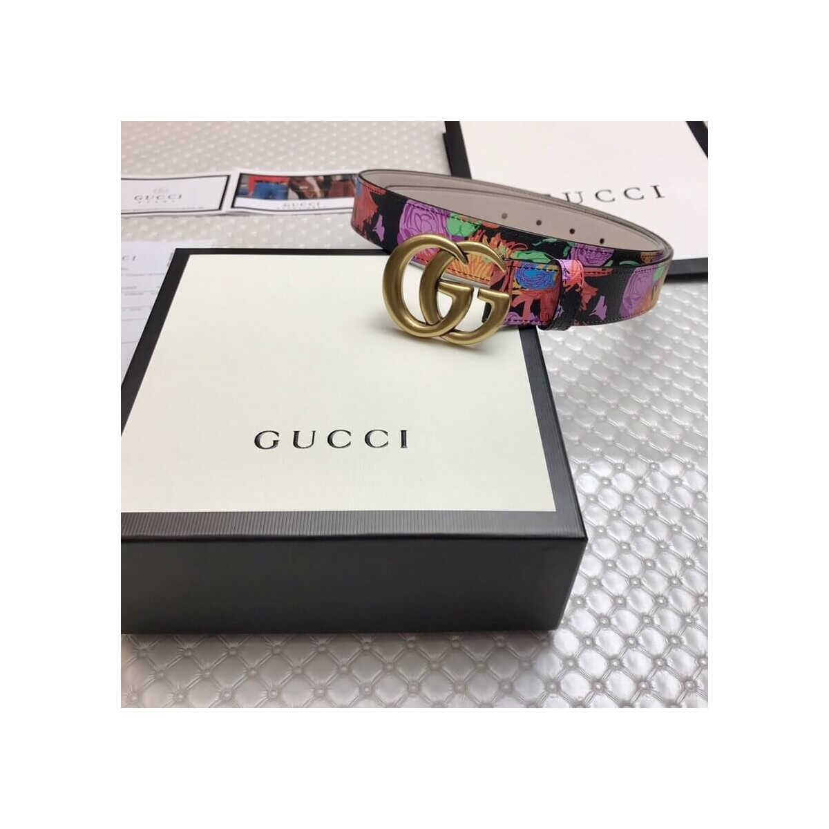 Gucci Ken Scott Print GG Marmont Belt Double G Buckle 4 Cm Width