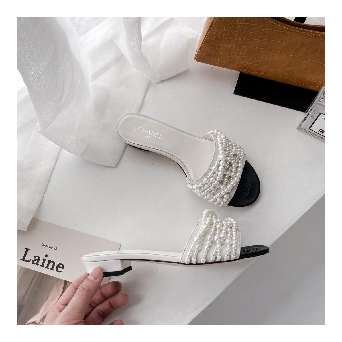 Chanel Satin CC Pearl Sandal Flats 36123