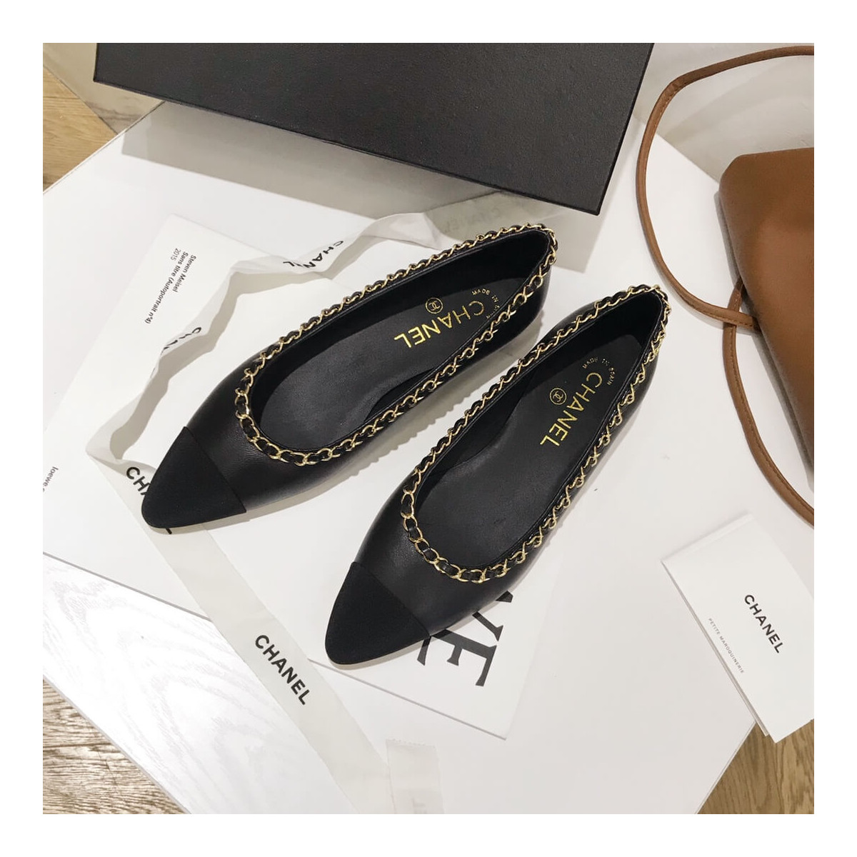 Chanel Grosgrain and Lambskin Chain Flats Ballerinas G35389