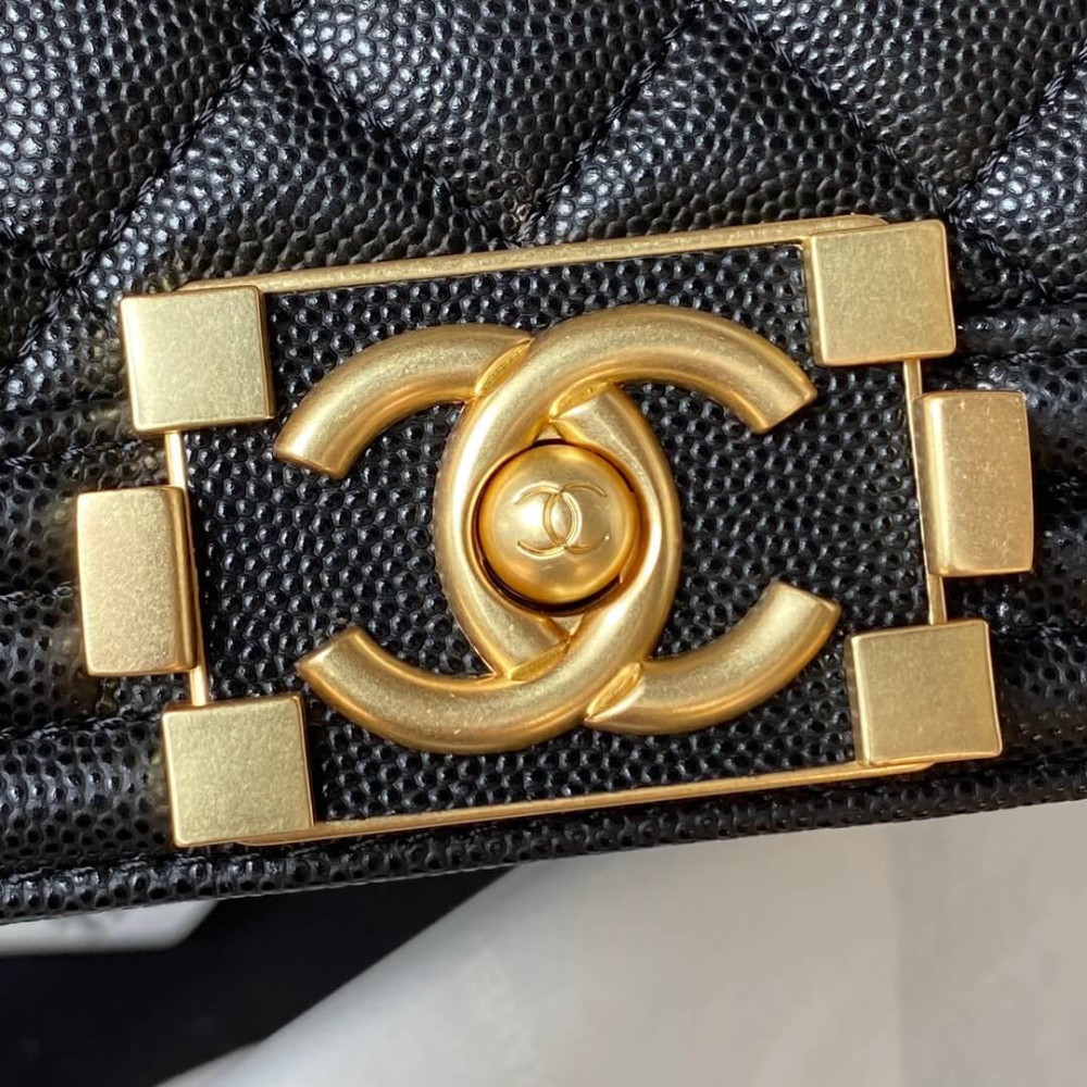 Chanel Boy Flap Bag With Handle Grained Shiny Calfskin A94805