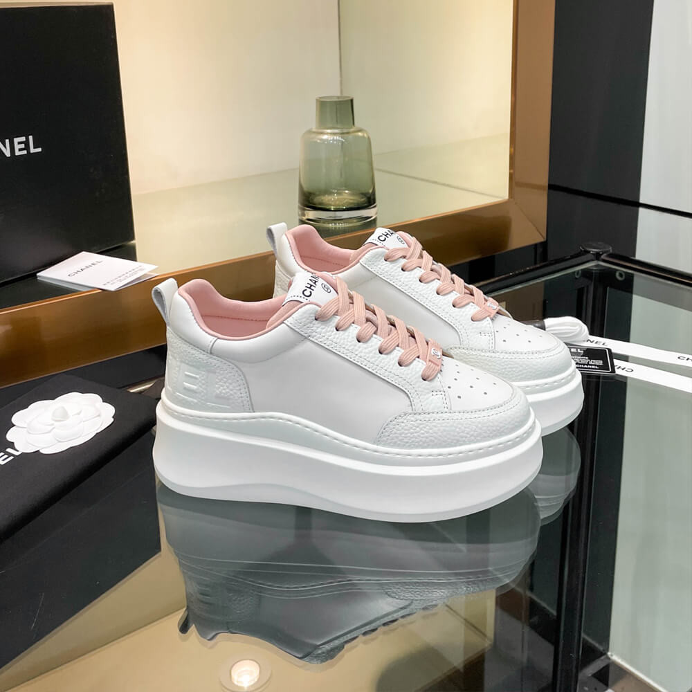 Chanel Grained Calfskin Leather Thick Sole Logo Sneakers G38808 White Light Pink