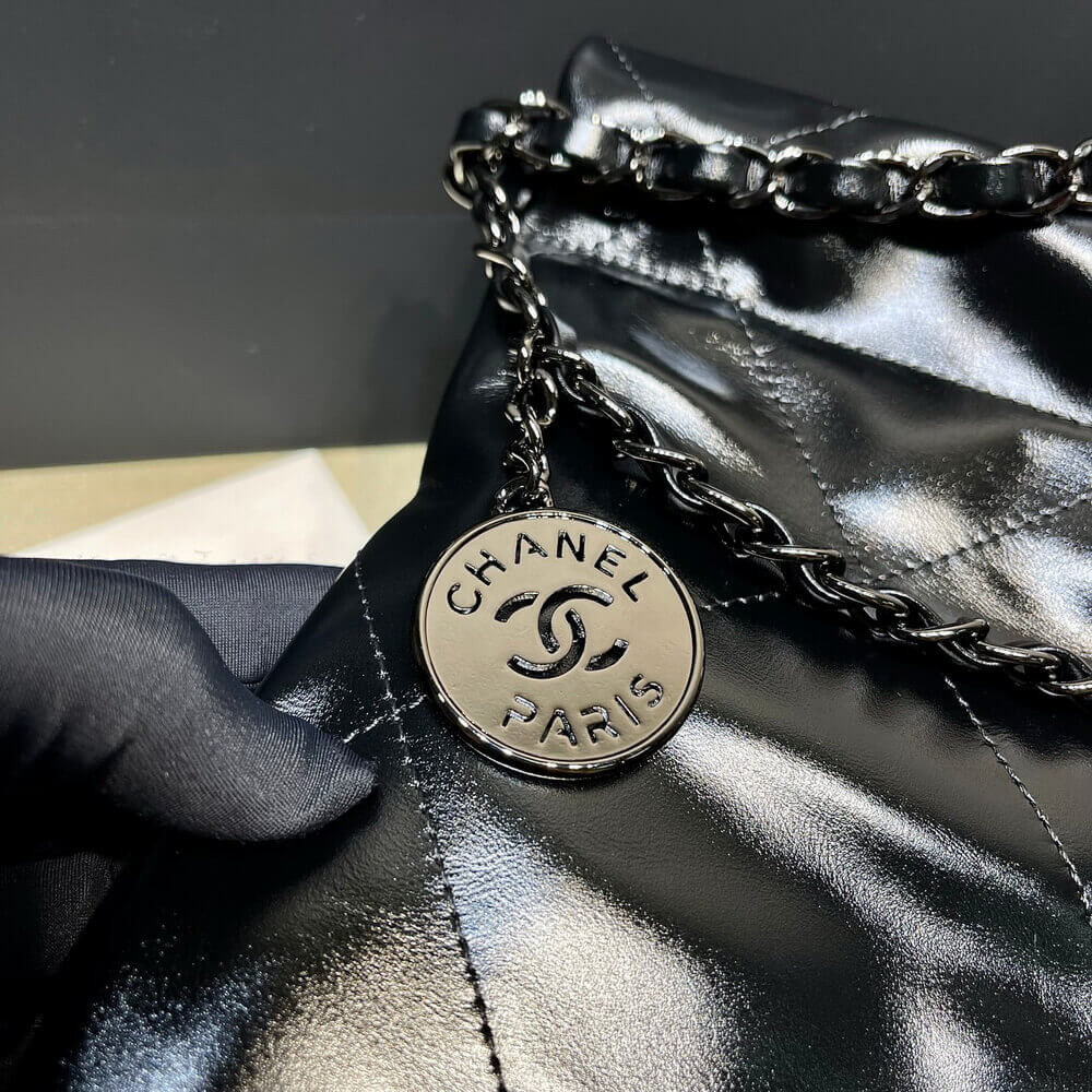 Chanel 22 Small Handbag Shiny Calfskin AS3260 Black with Black logo