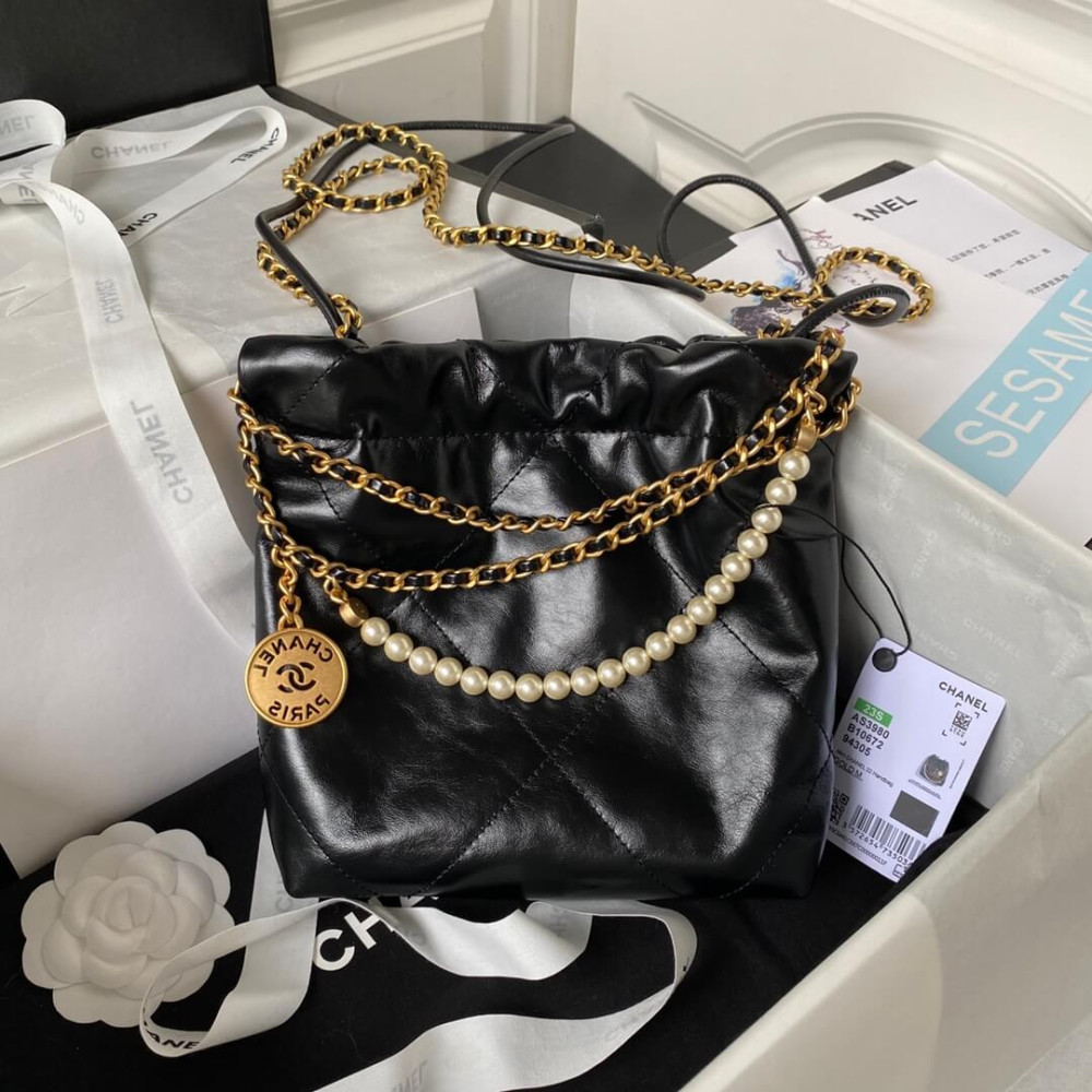 Chanel Mini 22 Handbag in Shiny Crumpled Calfskin Black with Pearl Chain AS4416