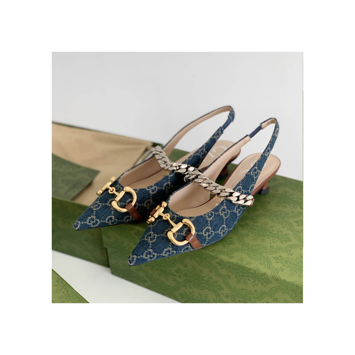 Gucci GG Horsebit Denim Low Slingback Strap Pumps