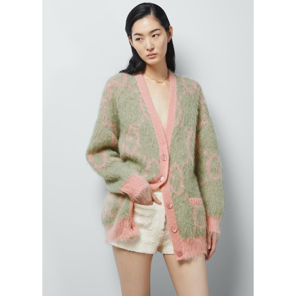 Gucci Reversible GG Mohair Wool Cardigan In Light Green &amp; Pink 635160