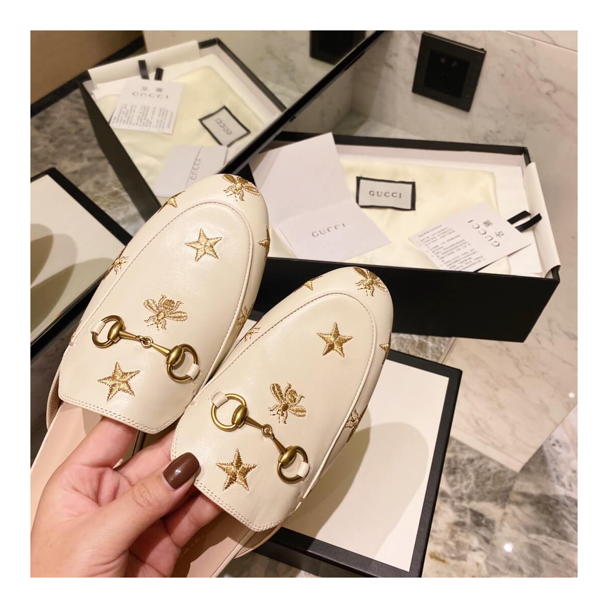 Gucci Princetown Embroidered Leather Slipper 505268 White