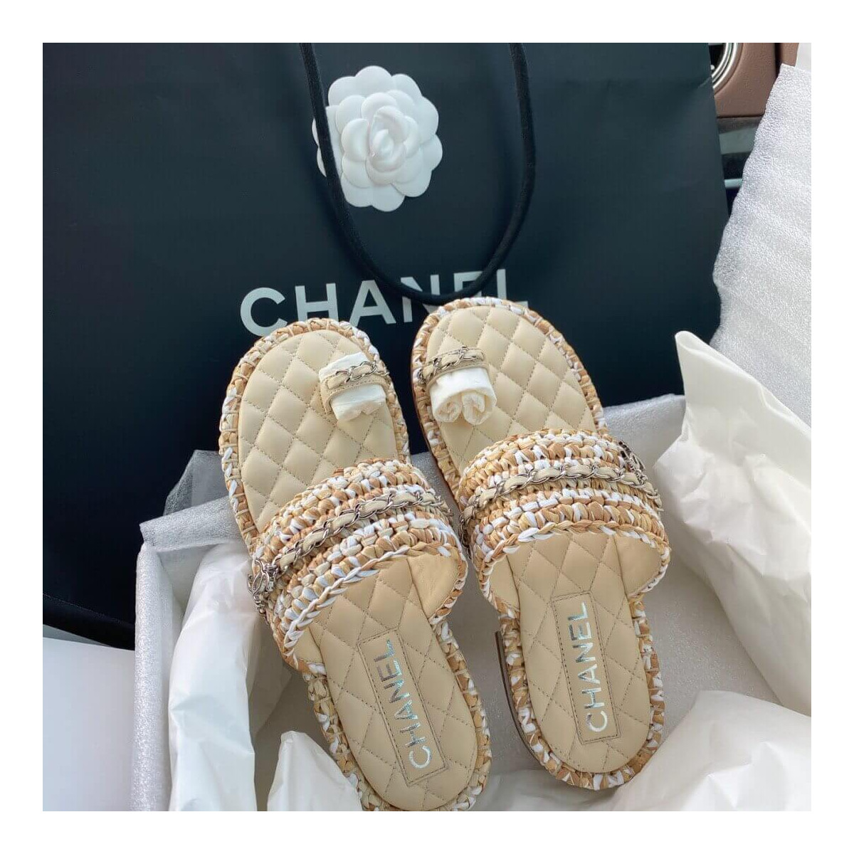 Chanel Raffia &amp; Lambskin Sandals G34694