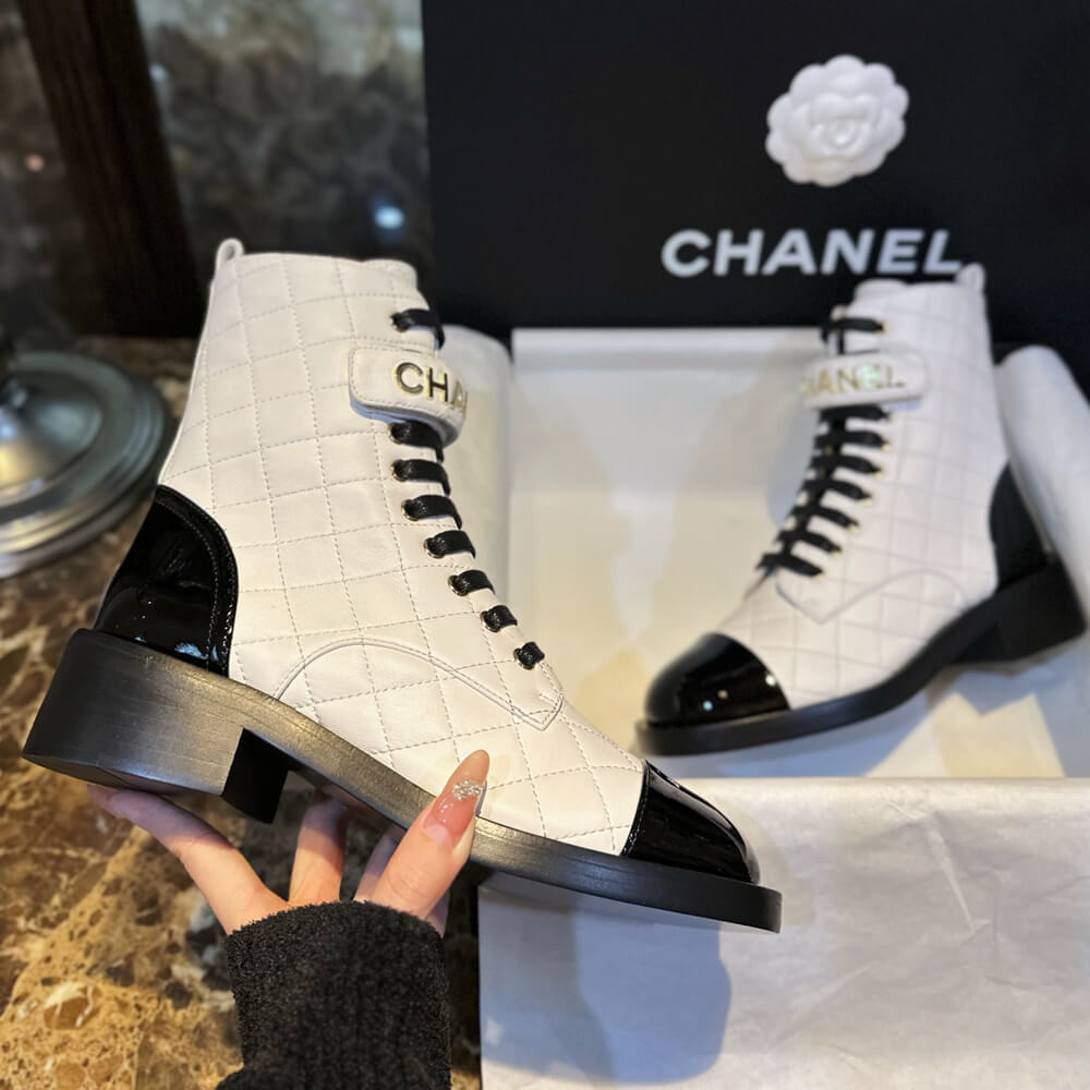 Chanel Quilted Lambskin &amp; Patent Calfskin Lace Up Combat Boots G45005