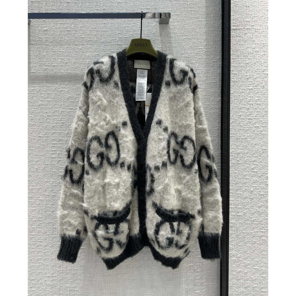 Gucci Reversible GG Mohair Wool Cardigan In Cream &amp; Dark Grey 635160