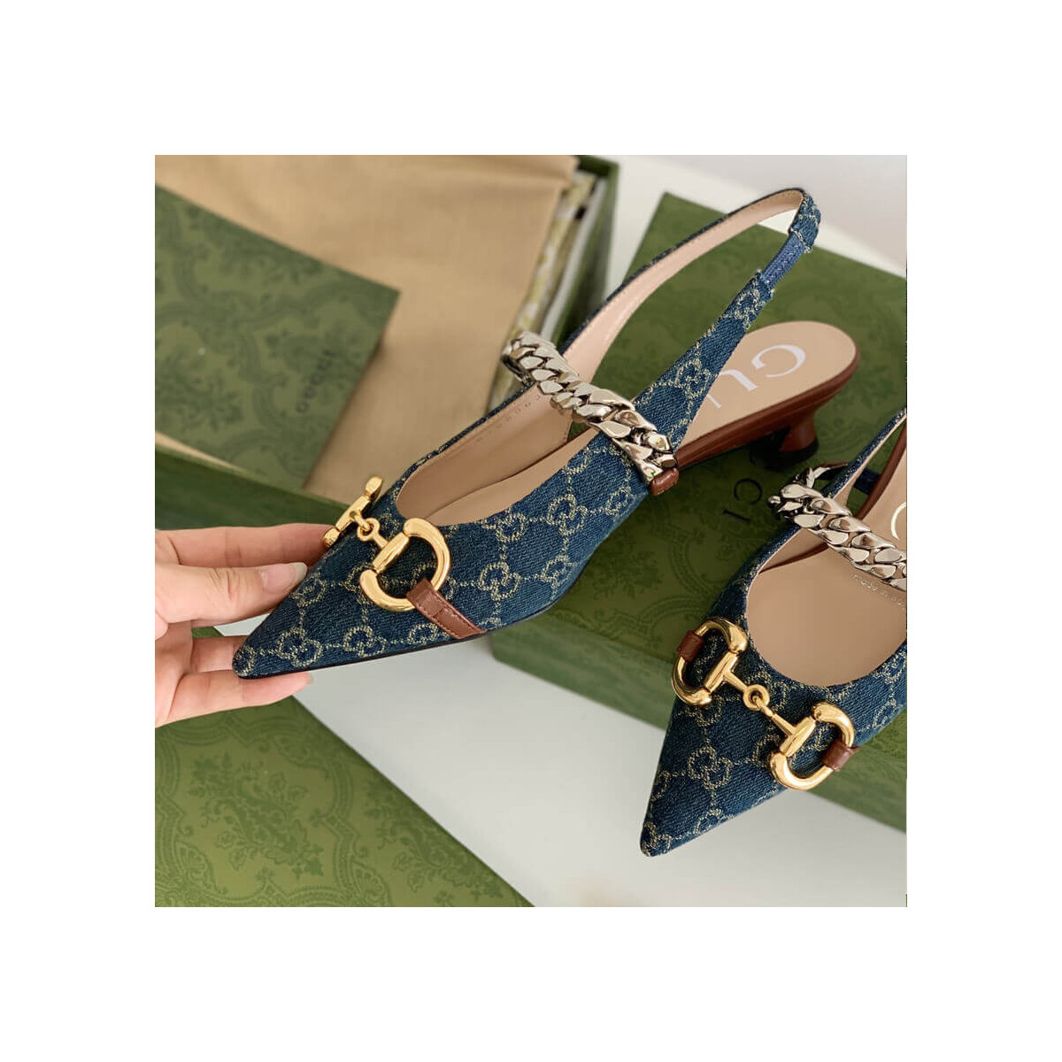 Gucci GG Horsebit Denim Low Slingback Strap Pumps