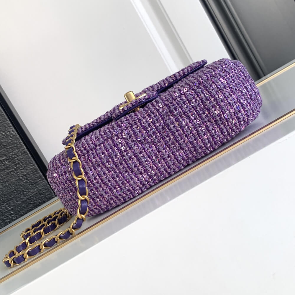 Chanel Mini Sequin Flap Bag with Top Handle Purple Tweed AS4573