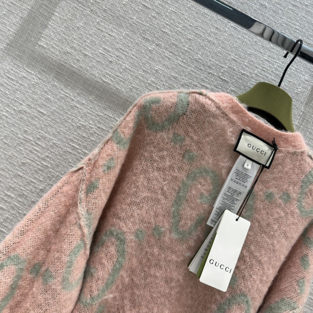 Gucci Reversible GG Mohair Wool Cardigan In Light Green &amp; Pink 635160