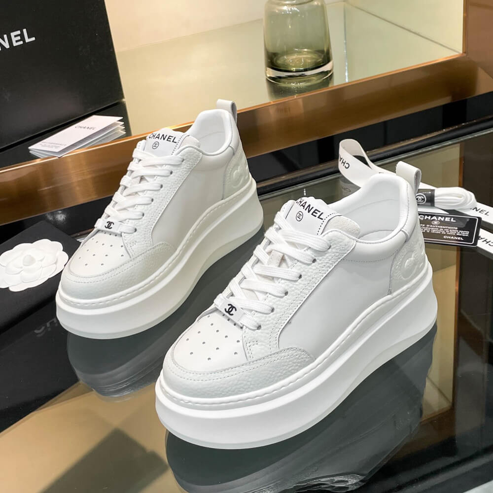 Chanel Grained Calfskin Leather Thick Sole Logo Sneakers G38808 White