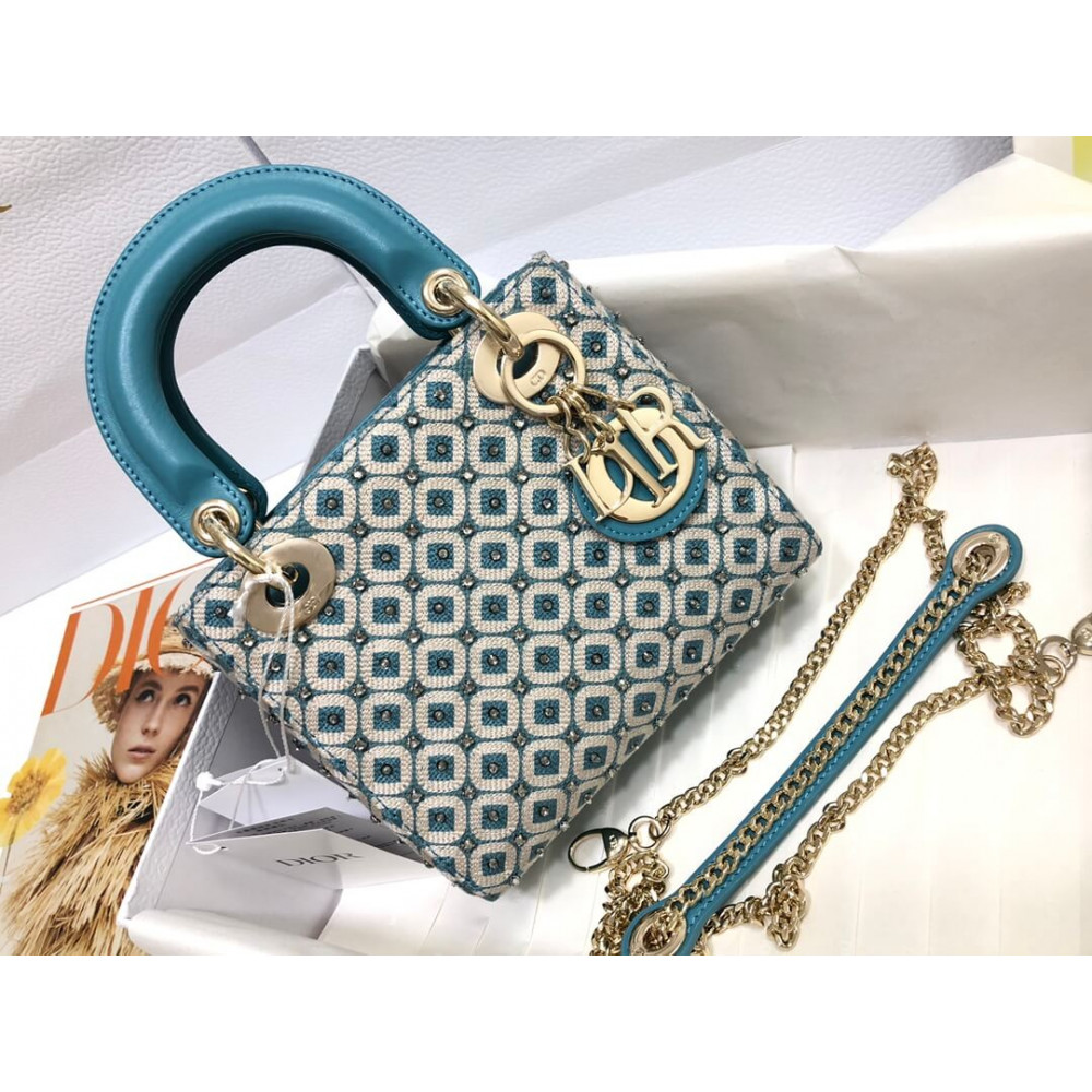 Lady Dior Mini Azure Blue Honeycomb Embroidery Bag M0505 With Two-Tone Thread And Rhinestones