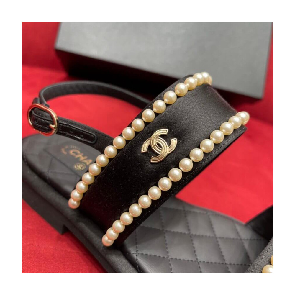 Chanel Satin &amp; Imitation Pearls Sandals G38423 Black