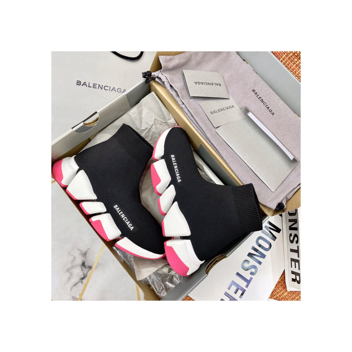 Balenciaga Speed 2.0 Knit Sock Sneakers 617239 Metallic Black/White/Pink