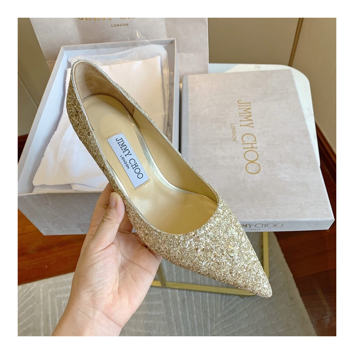 Jimmy Choo Gold Romy Glitter Fabric Pointy Toe Pumps 120011