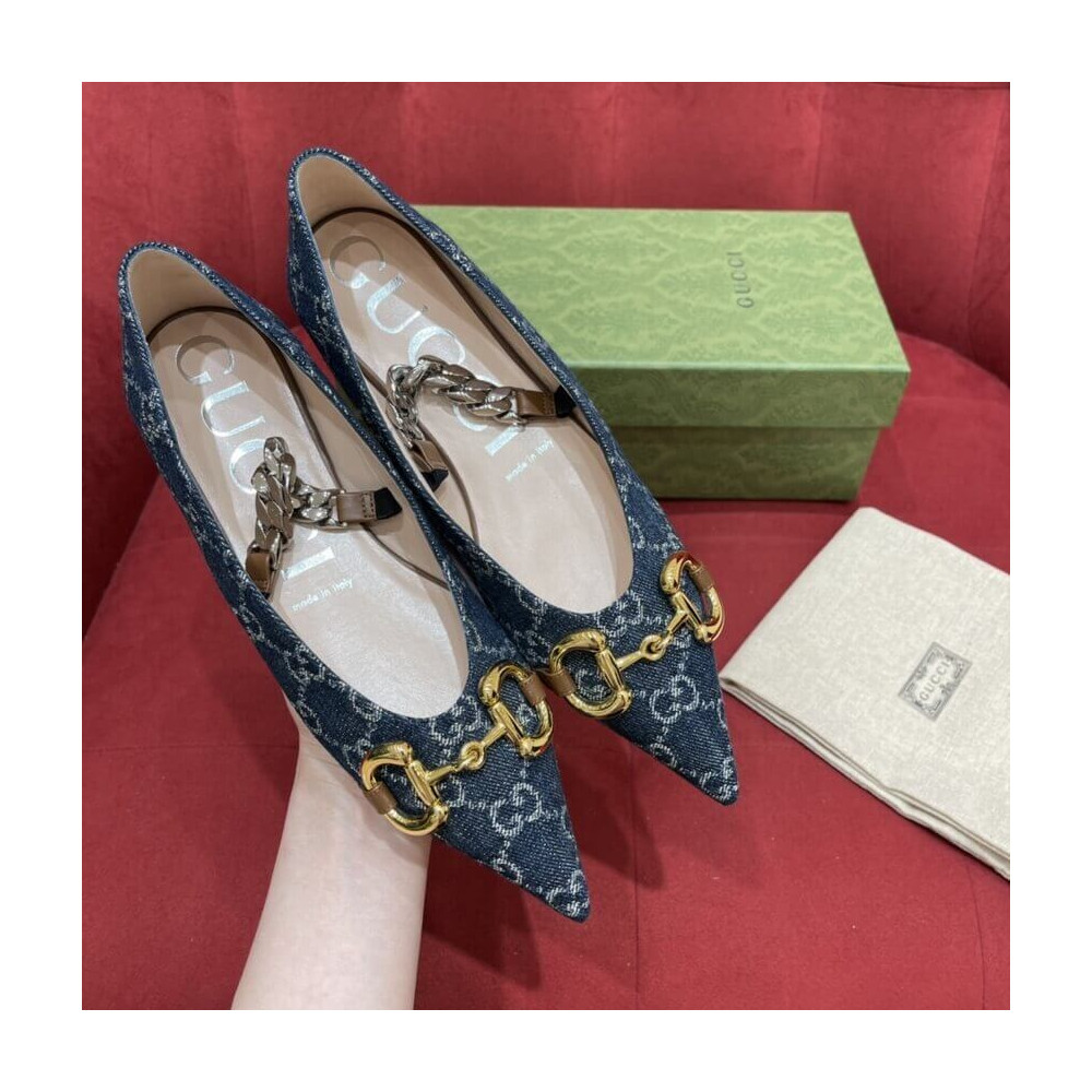 Gucci Ballet Flat With Horsebit In Blue Denim 621161