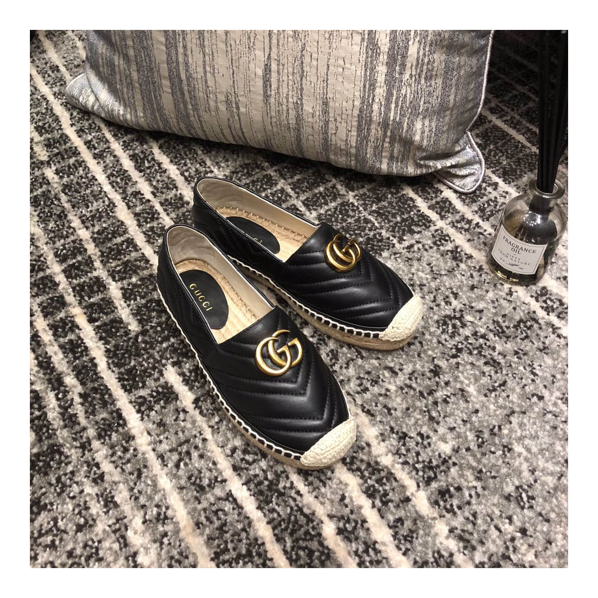 Gucci Chevron Leather Espadrille With Double G 551890 Black