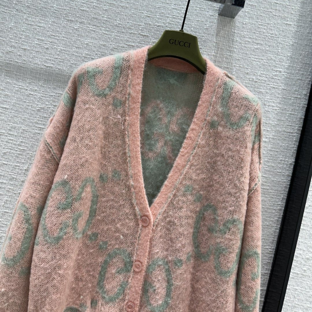 Gucci Reversible GG Mohair Wool Cardigan In Light Green &amp; Pink 635160