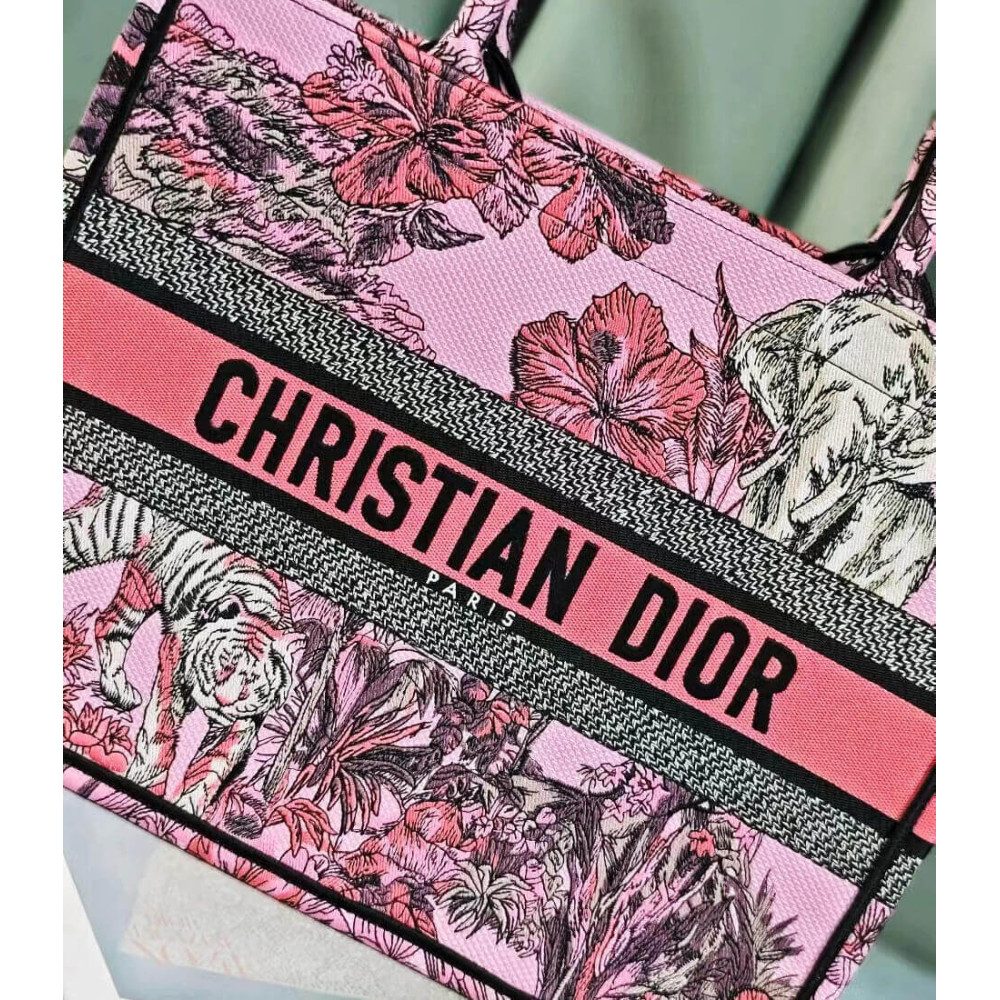 Christian Dior Book Tote Pink Multicolor Toile de Jouy Voyage Embroidery