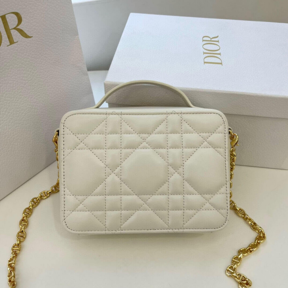 Christian Dior Caro Box Bag With Chain Latte Quilted Macrocannage Calfskin S5140