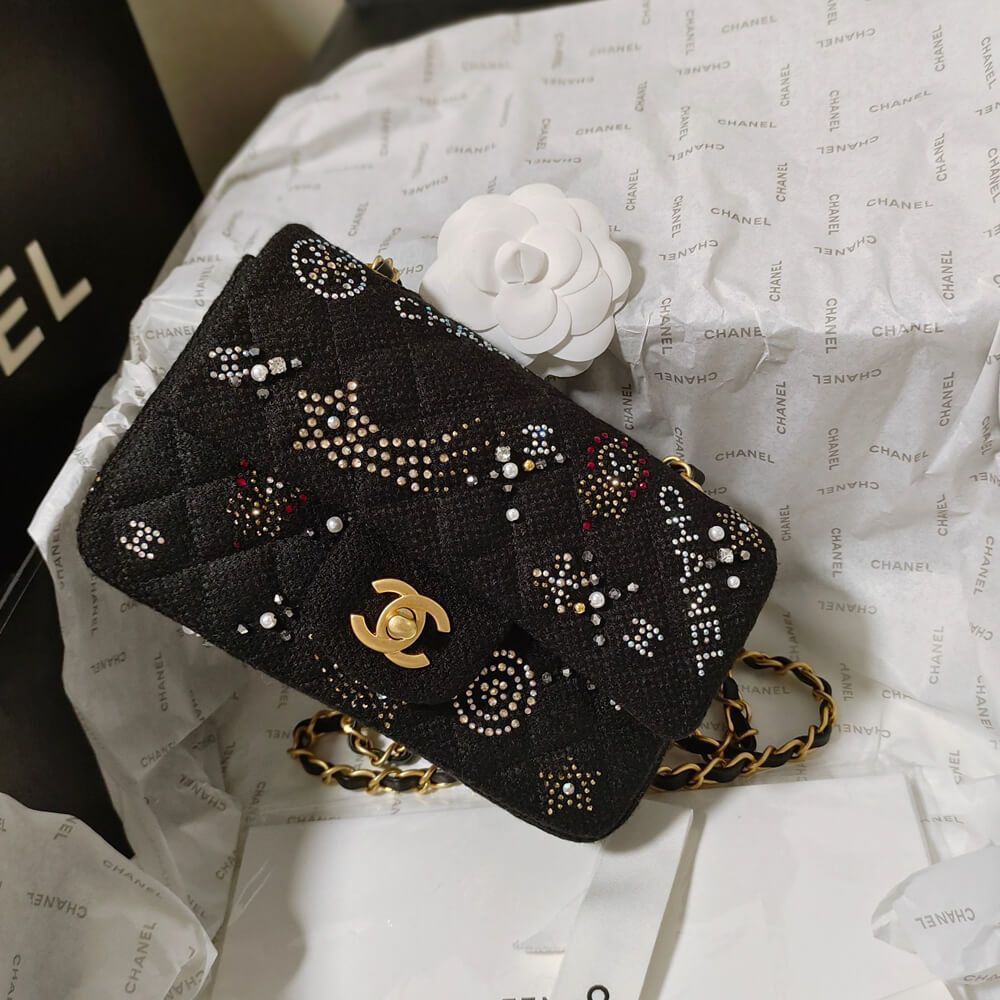 Chanel Tweed Small Double Flap Bag Embroidered Strass and Glass Pearls A01113