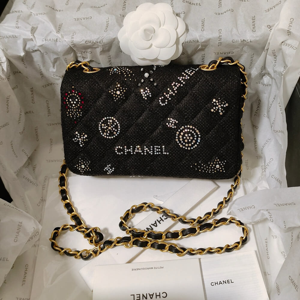 Chanel Tweed Small Double Flap Bag Embroidered Strass and Glass Pearls A01113