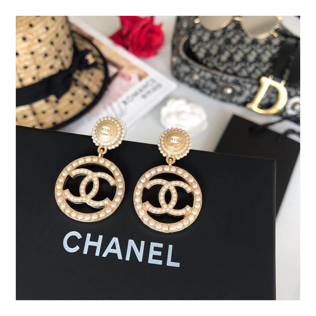 Chanel CC Pearl Hoop Earrings 460971