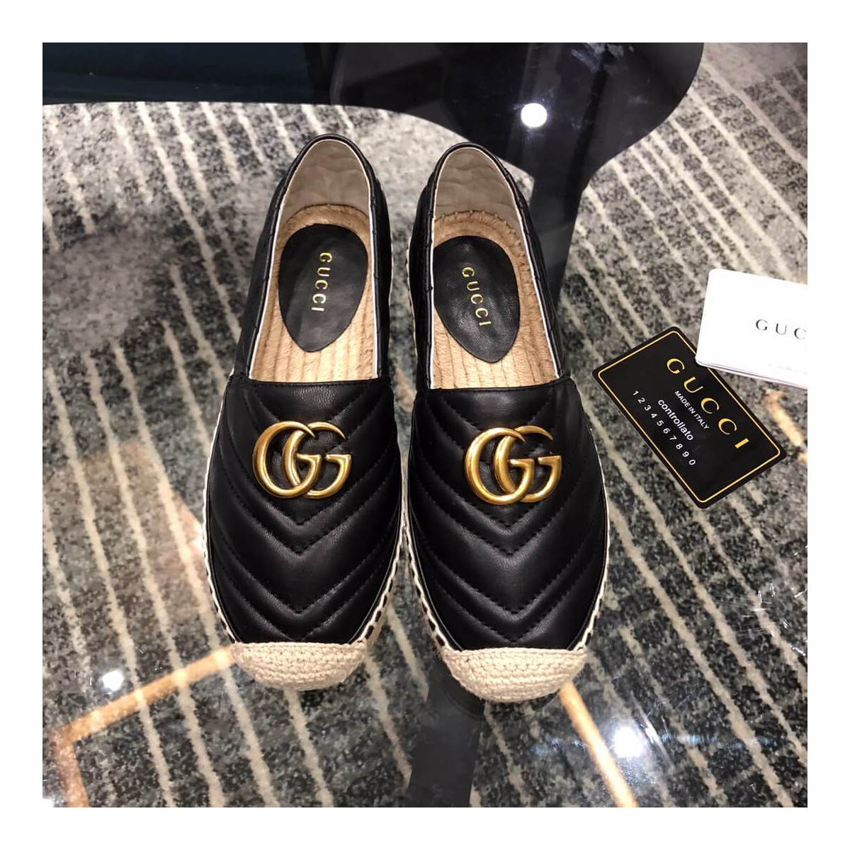 Gucci Chevron Leather Espadrille With Double G 551890 Black