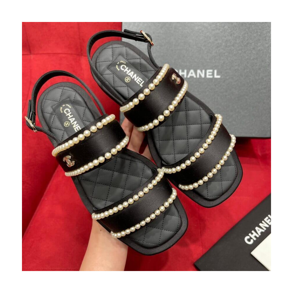 Chanel Satin &amp; Imitation Pearls Sandals G38423 Black