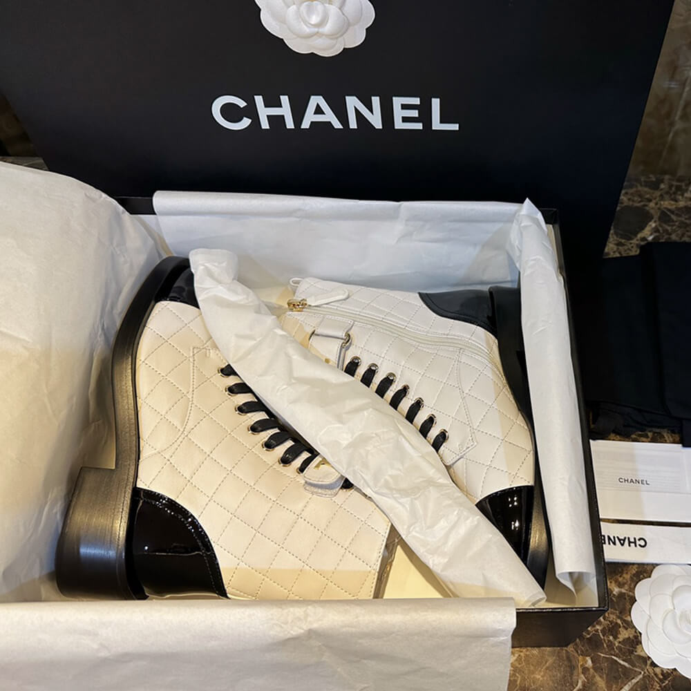 Chanel Quilted Lambskin &amp; Patent Calfskin Lace Up Combat Boots G45005