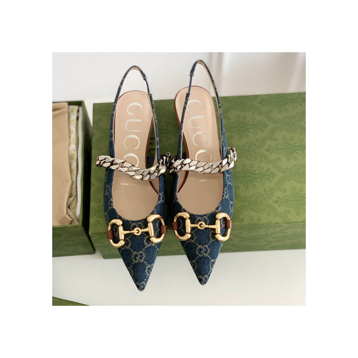 Gucci GG Horsebit Denim Low Slingback Strap Pumps