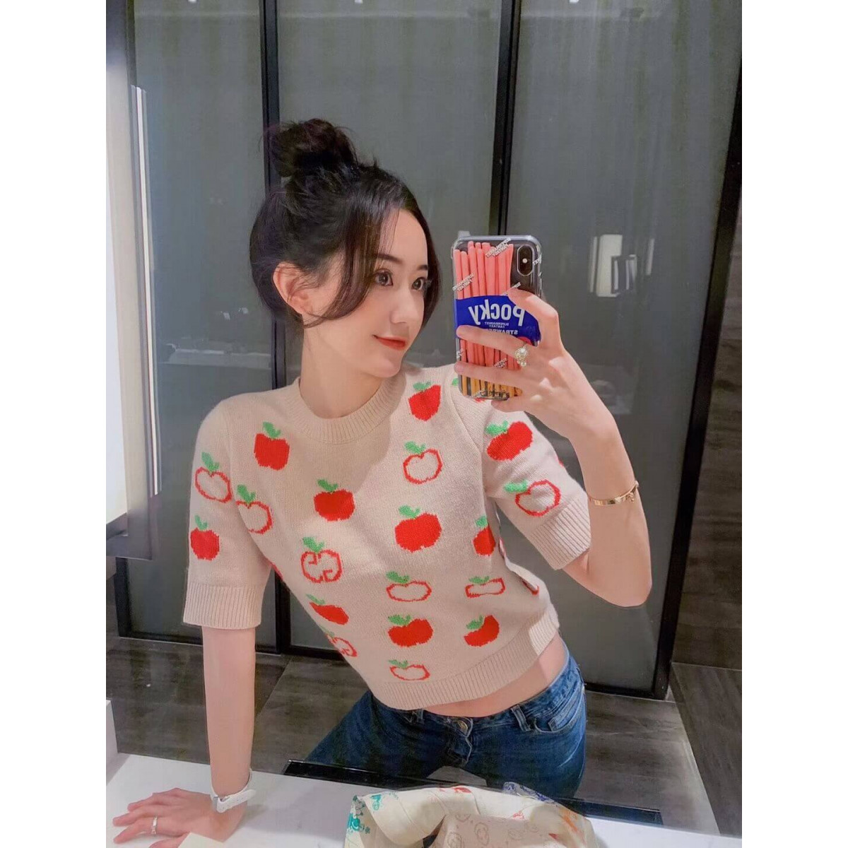 Gucci GG Apple Print Wool Jacquard Top 606117