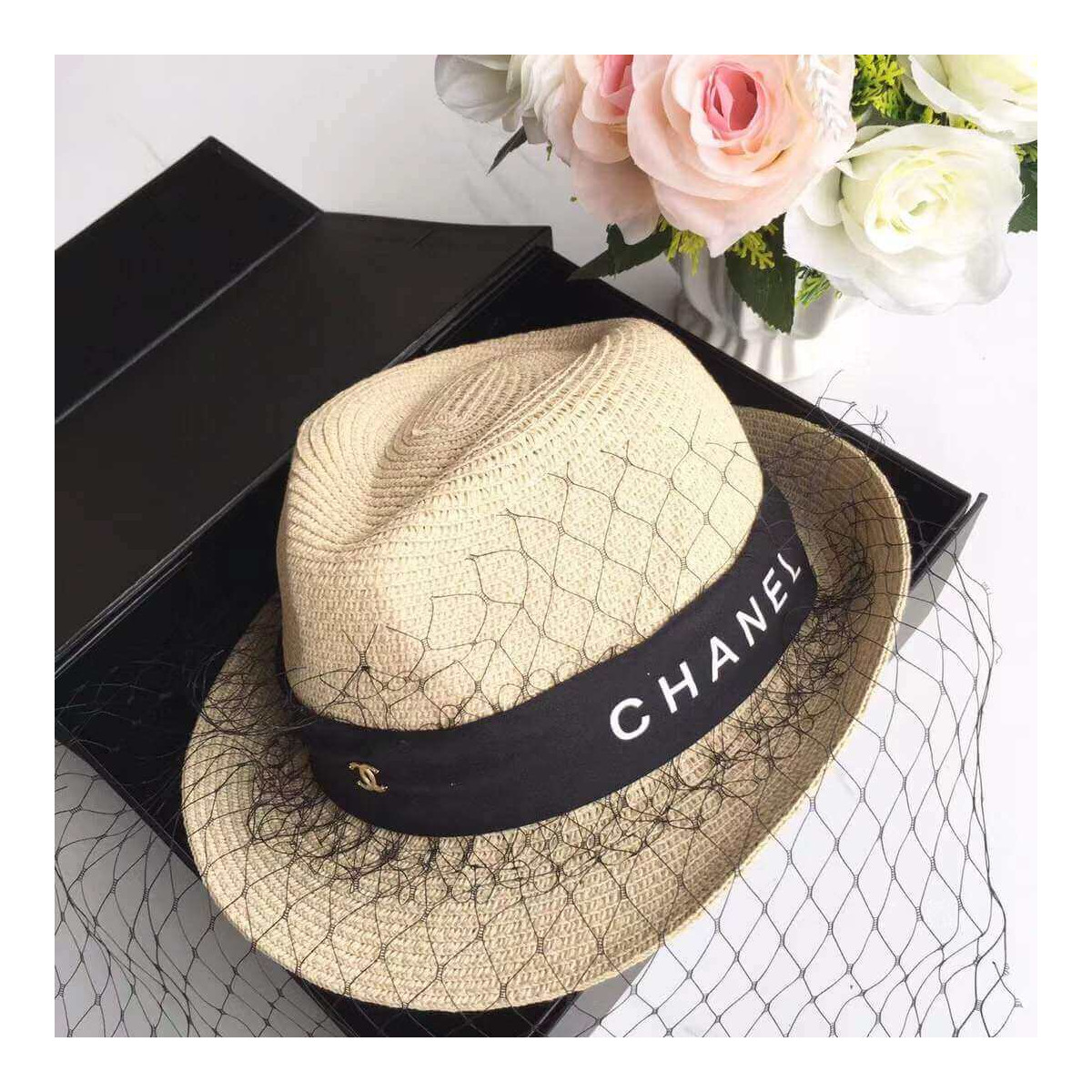 Chanel Straw Cc Fedora Hat With Mesh D010