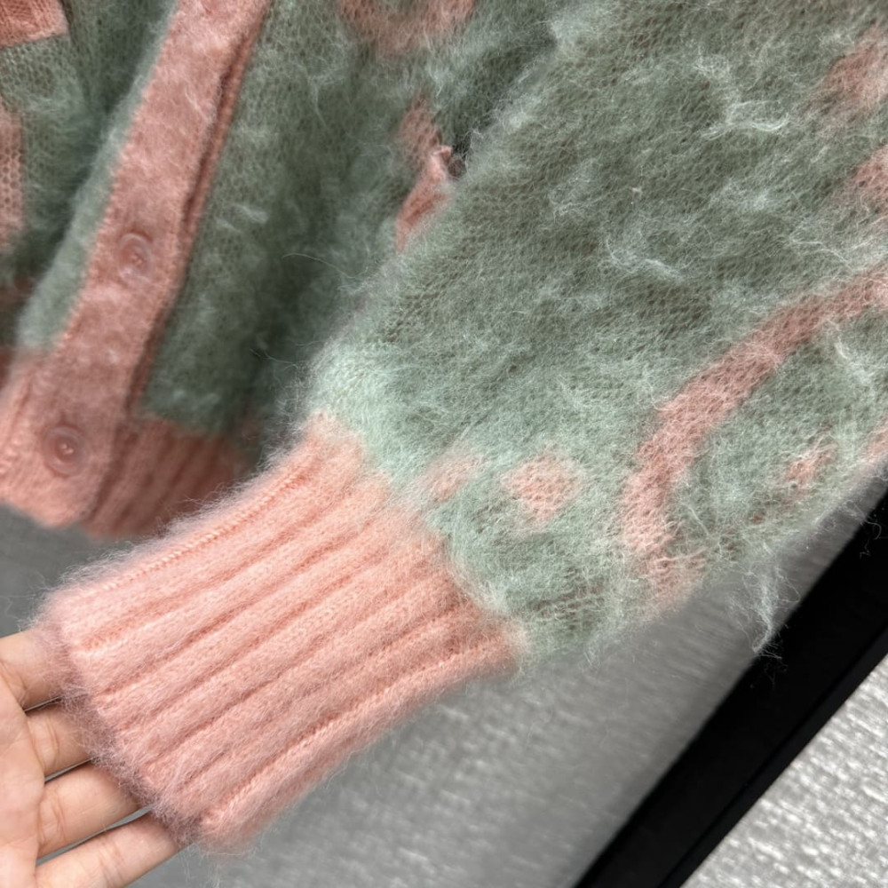 Gucci Reversible GG Mohair Wool Cardigan In Light Green &amp; Pink 635160