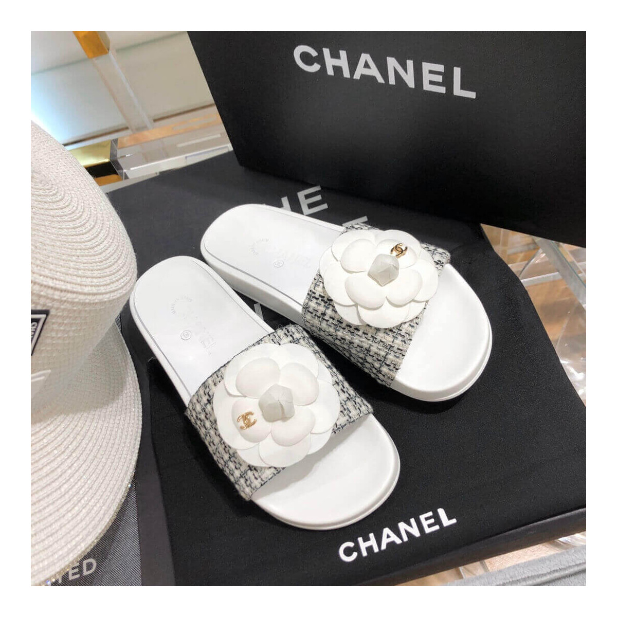 Chanel Camellia Iconic Tweed Flower Mules G14022