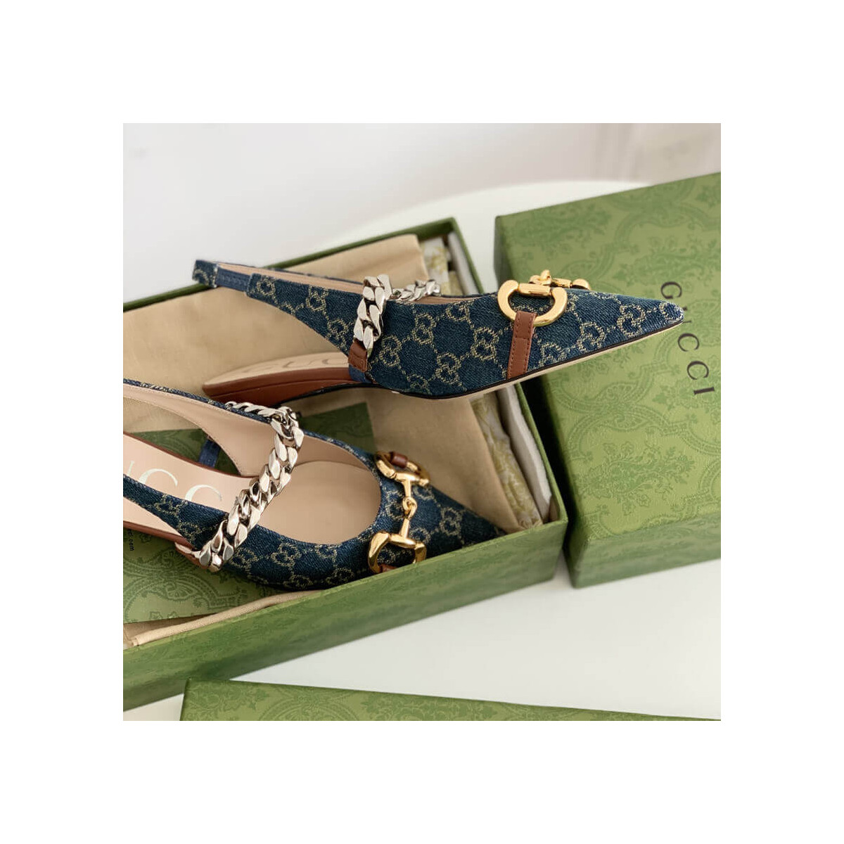 Gucci GG Horsebit Denim Low Slingback Strap Pumps