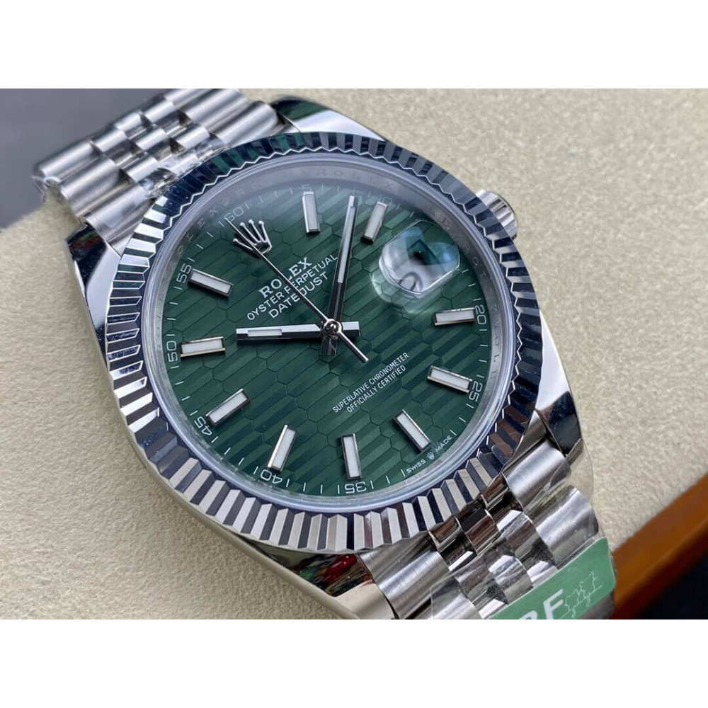 Rolex Datejust 41mm Green Motif Dial Jubilee Stainless Steel Automatic Fluted Bezel