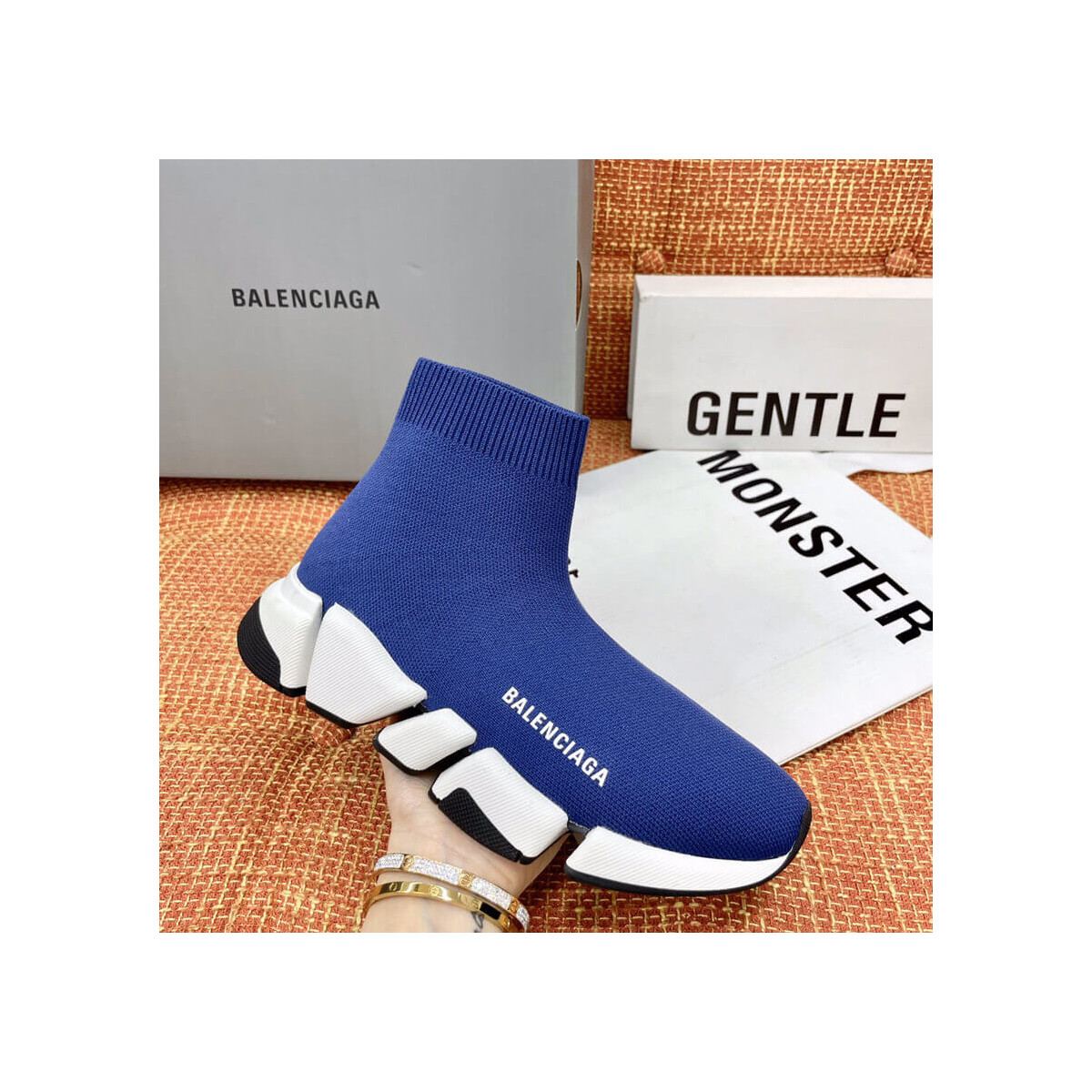 Balenciaga Speed 2.0 Knit Sock Sneakers 617239 Navy Blue/White