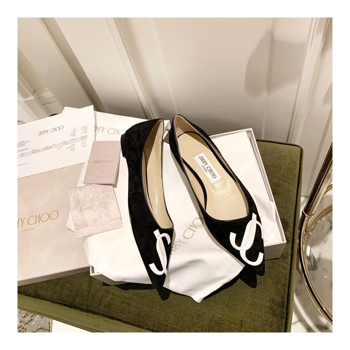 Jimmy Choo Love Flats Suede Pumps In Black and White Logo 231161