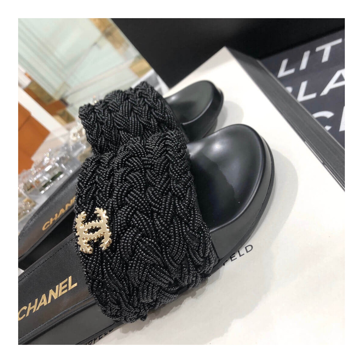 Chanel Pearls &amp; Lambskin Black Mules G35696