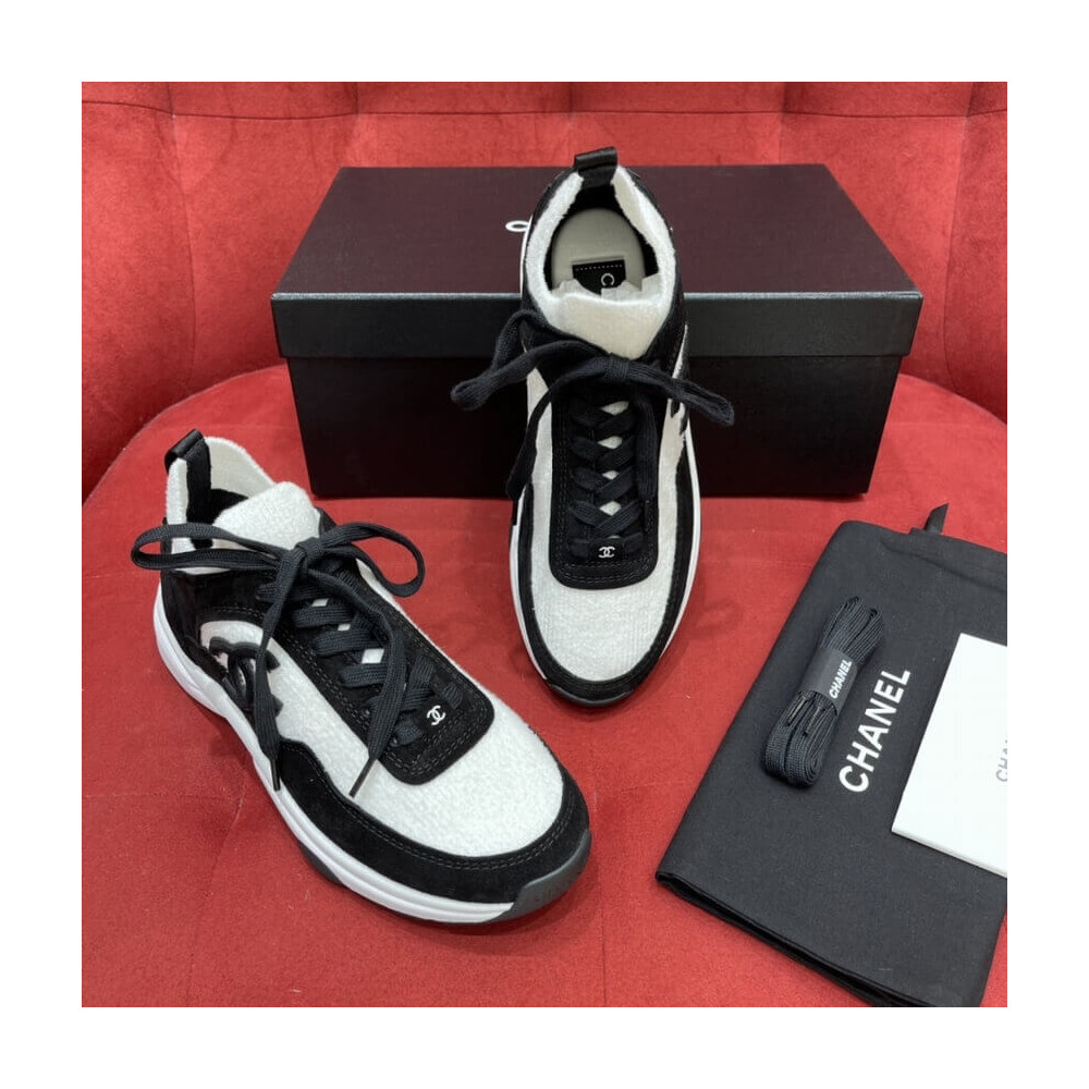 Chanel Fabric &amp; Suede Calfskin Low Top Sneakers White/Black G38033