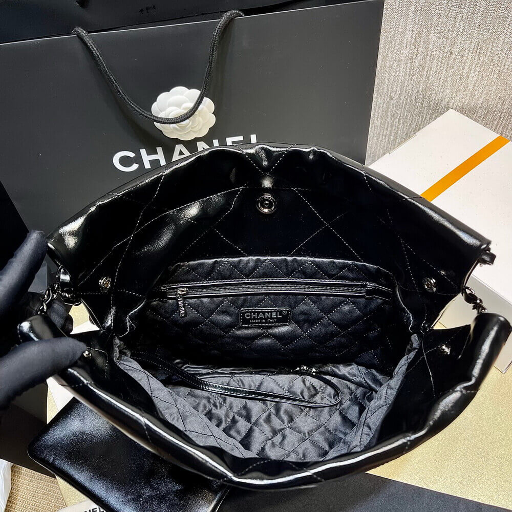 Chanel 22 Small Handbag Shiny Calfskin AS3260 Black with Black logo