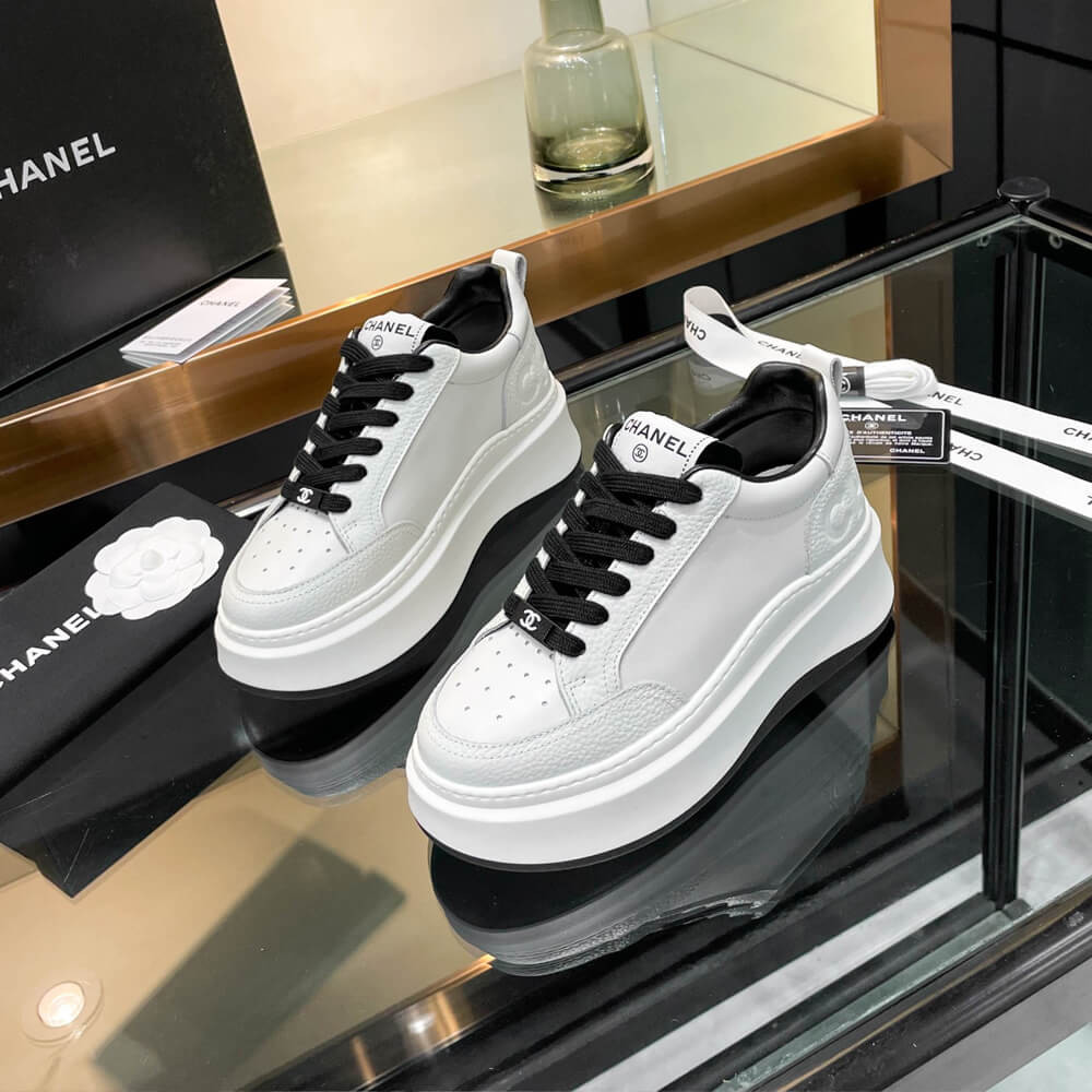 Chanel Grained Calfskin Leather Thick Sole Logo Sneakers G38808 White Black