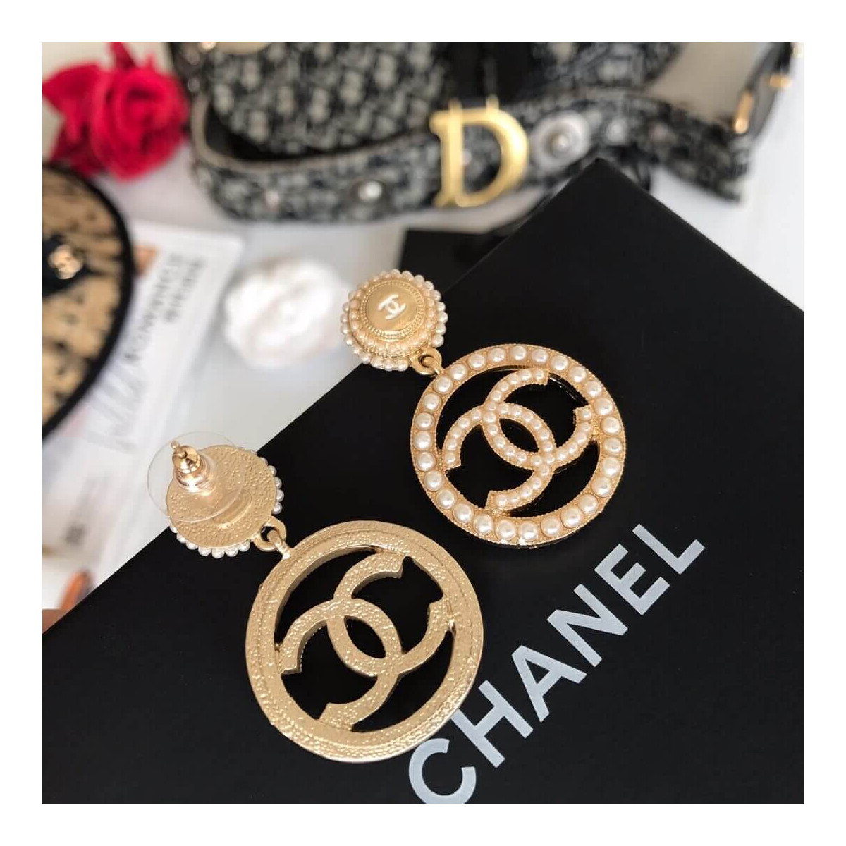 Chanel CC Pearl Hoop Earrings 460971