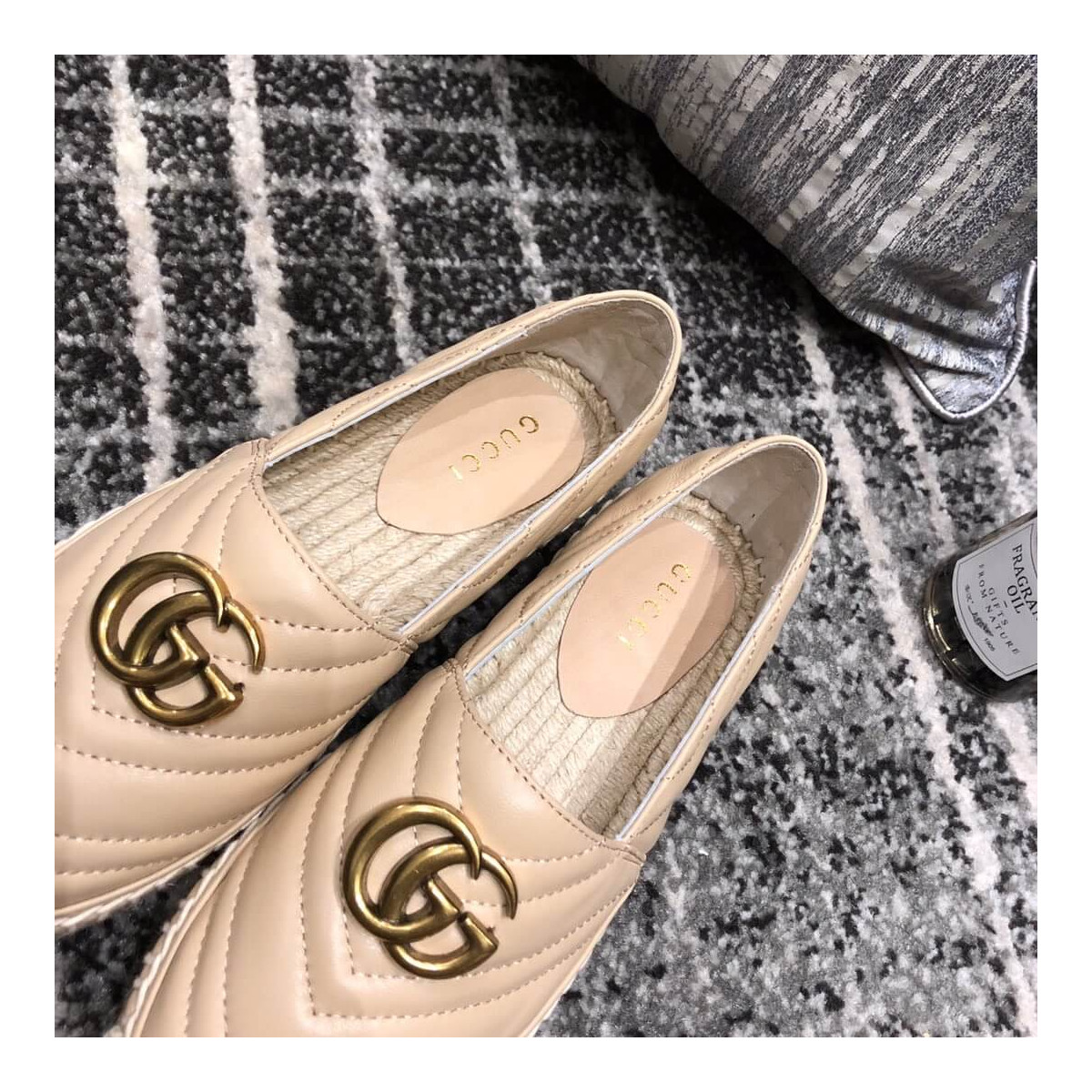 Gucci Chevron Leather Espadrille With Double G 551890 Beige